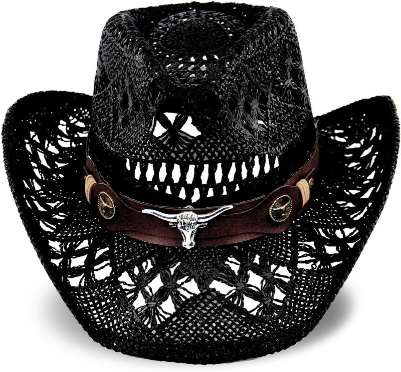 Foeran Men's Women's Straw Cowboy Hat Cowgirl Woven Sun Hat Western Cowboy Hat Two Decorative Bands - Image 2